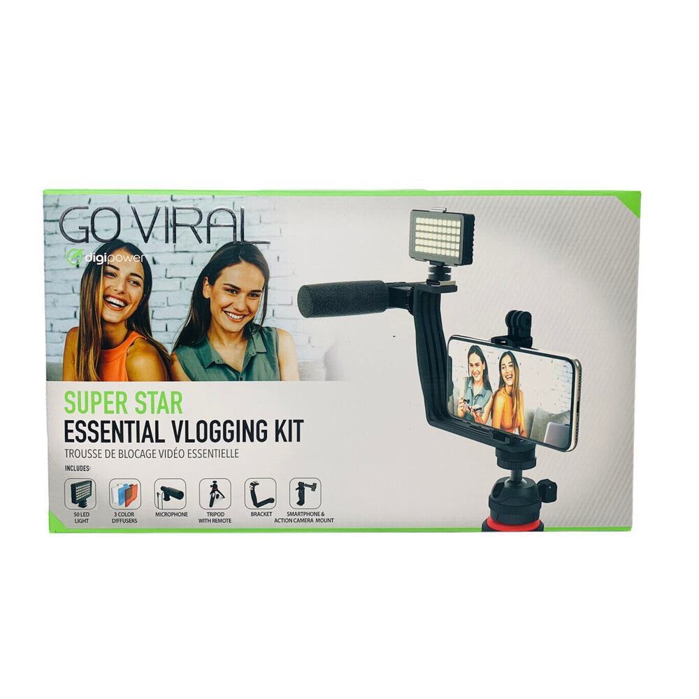 NEW GO VIRAL Super Star Vlogging Kit with LED Light Microphone‎ Tripod & Mount
